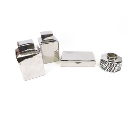 Two Eichholtz silvered ceramic ginger jars with covers and an Eichholtz rectangular silver plated jewellery box, together wit