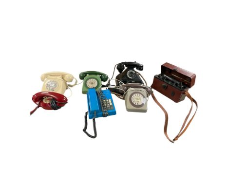 Collection of vintage telephones, including Black GPO Bakelite GPO 248 Telephone on a Bell Set 39A, GPO 250A Portable Linesma