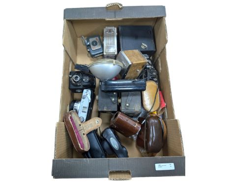 Collection of vintage cameras, including Minolta Hi-Matic 7S, No.2 C. Ensignette Deluxe, Zeiss Ikon etc
