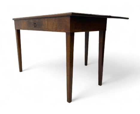19th century mahogany Pembroke table, rectangular fold-over top with rounded edges, fitted with single frieze drawer, raised 