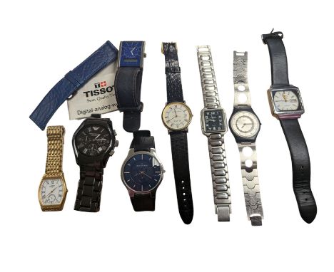 Seiko automatic wristwatch and a collection of quartz wristwatches including Tissot, Swatch, Armani ceramic, Roamer and Skage