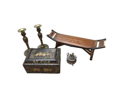 Chinese lacquered caddy, wooden head rest, pair of cloisonne candlesticks, etc 