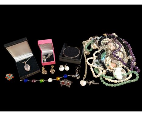 Silver jewellery, including enamel bangle, stone set earrings, bracelet etc and a collection of gemstone necklaces 