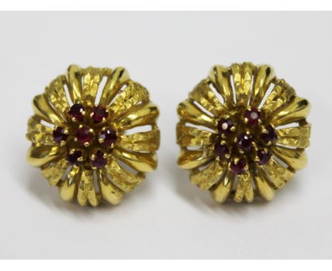 A pair of yellow metal ruby earrings. Gross wt. 14.5g. (unmarked)