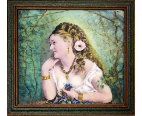 A miniature portrait on porcelain depicting a Victorian risque woman. 10cm x 10cm. Unsigned
