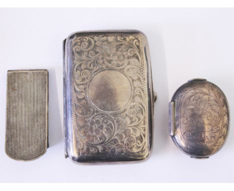 A hallmarked silver cigarette case, a hallmarked money clip and a silver patch box