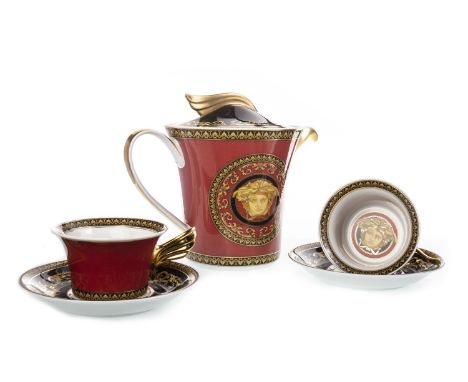ROSENTHAL VERSACE MEDUSA IKARUS TEA POT, along with two similarly decorated teacups with saucers