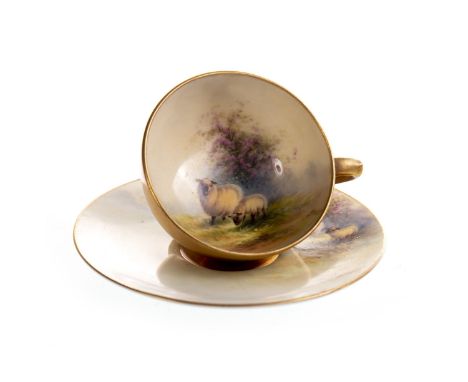 ROYAL WORCESTER CABINET CUP AND SAUCER, hand painted with sheep in a naturalistic setting by Ernest Barker, gilt highlights, 