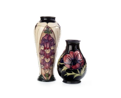 MOORCROFT 'ANEMONE' PATTERN VASE, of footed bulbous form, tube-lined with anemones on a blue ground, impressed marks to base,