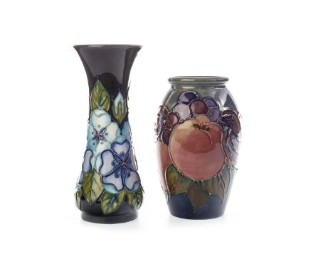 MOORCROFT 'BLUE FINCHES' PATTERN VASE, of small proportions, tube-lined with birds and fruit on a blue ground, impressed mark