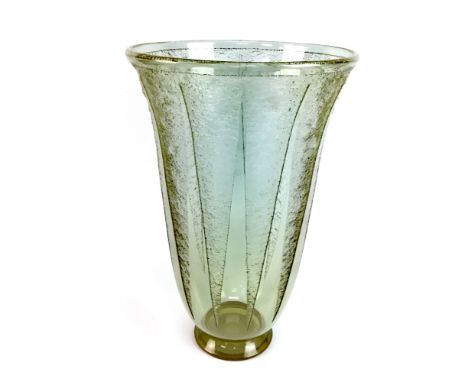 DAUM NANCY ART DECO GLASS VASE, of fluted cylindrical form, with textured glass panels, 34cm high