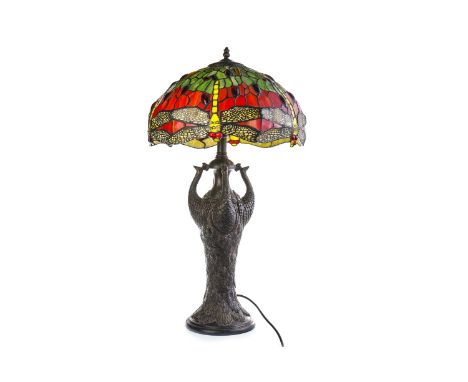 LARGE TIFFANY STYLE TABLE LAMP, with dragonfly leaded glass shade, on a bronzed base, 74cm high