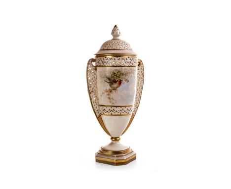 WORCESTER GRAINGER &amp; CO. DOUBLE HANDLED VASE AND COVER, decorated with a large painted panel with a robin and foliage, th