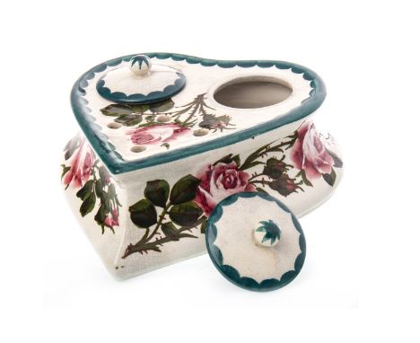 WEMYSS WARE HEART SHAPED INKWELL, decorated with cabbage roses, with two detachable well covers, impressed mark to base, 18cm
