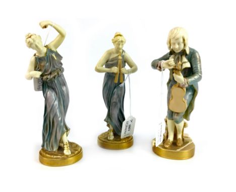 PAIR OF ROYAL WORCESTER STANDING CLASSICAL FIGURES, in the manner of Hadley, each modelled as musicians, on gilt bases, patte