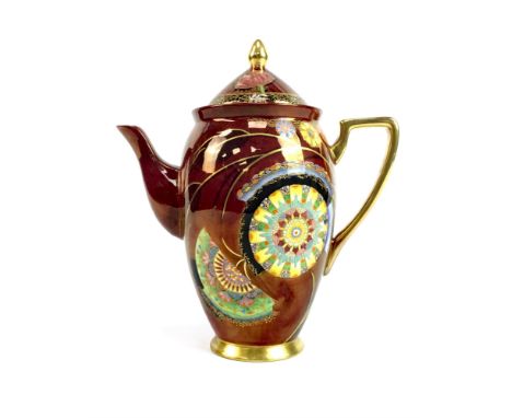 CARLTON WARE OVOID COFFEE POT, decorated with roundels and crescent in enamel colours, on a crimson ground, 22cm high