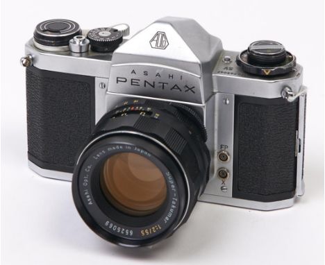 An Asahi Pentax SV SLR 35mm camera, with Super-Takumar 55mm F1.8 lens  Apparently mechanically working, lens could benefit fr