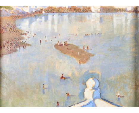Robert Shantz, 20th c - Pushkar Lake from Balcony, with inscription verso, oil sketch on canvas board, 28 x 38.5cm  Good cond