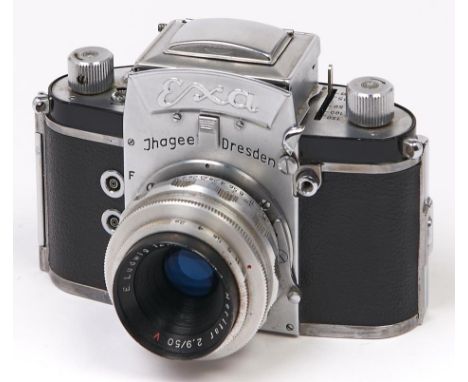 An Ilhagee Exa V 35mm camera, c1959-60, with E Ludwig Meritar 50mm F2.9 V lens  In apparently working order, reasonably good 