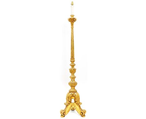 A Venetian giltwood standard lamp, 20th c,&nbsp;of alter candlestick form, inset with mirror glass, 154cm h  Good condition