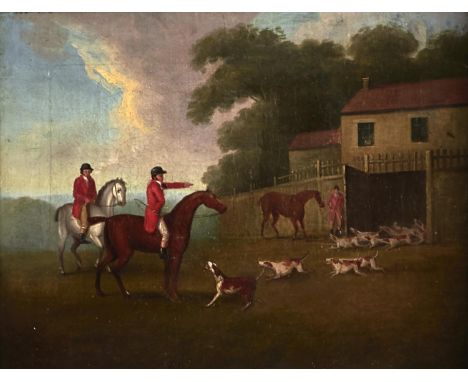 British Equestrian School, 19th c - Fox Hunters releasing the Pack, oil on canvas, 26 x 34.5cm  Unlined, locally re-touched, 
