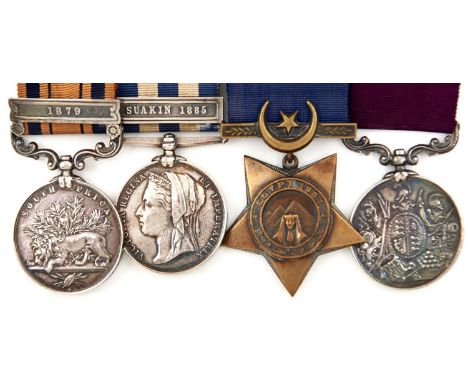South Africa and Egypt Campaigns group of four, South Africa Medal 1879 clasp, Egypt Medal, Suakin 1885 clasp, Khedives Star 