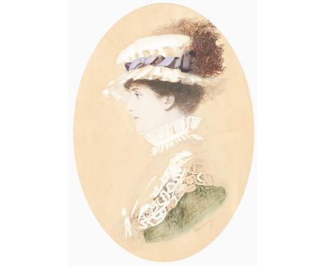 Edgar Hanley (Exh 1880-1883) - Portrait of a Young Woman in a plumed bonnet,&nbsp;head and shoulders in profile, signed, wate