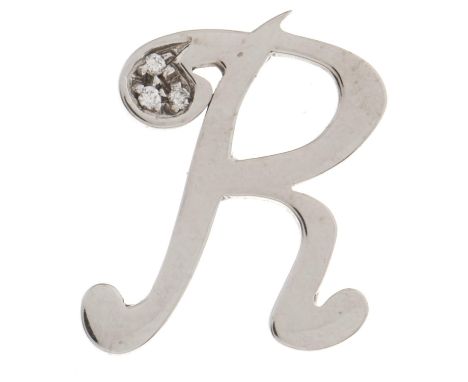 A diamond set white gold 'R' initial brooch, 19mm, marked 750, 1.7g  Good condition