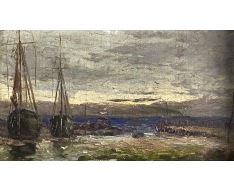 C Keene, 1901 - Two Fishing Boats in a Harbour, signed and dated, oil on canvas, 14 x 24.5cm  Good condition, unlined, in nee