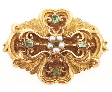 A Victorian emerald and split pearl brooch, in gold, locket back, 16.3g  