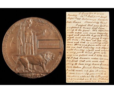 A World War I memorial plaque, Frank Burston, with postcard format photograph of the officer inscribed in is hand on the reve