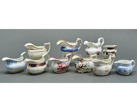 A study collection of nine English porcelain cream jugs, early 19th c, various moulded oblong and other shapes, including New