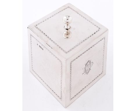 An Edward VII bright cut silver cube tea caddy, with ball finial, 11cm h, by W Hutton &amp; Sons Limited, Sheffield 1903, 11o