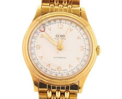 An Oris gold plated self-winding gentleman's wristwatch, with additional forked hand for day of the month, fenestrated back, 
