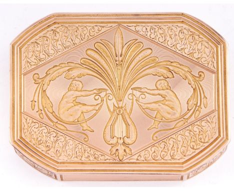 A Swiss two colour gold snuff box, early 19th c, engine turned, chased and engraved with putti, a lyre and foliage, the reede