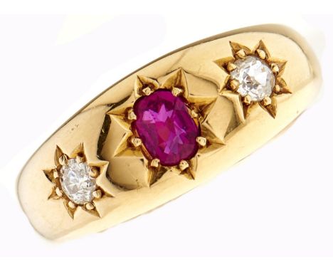 A Victorian three stone ruby and diamond ring, gypsy set in 18ct gold, Chester 1896, 5.6g, size L  Good condition