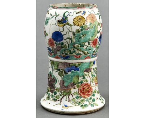 A Chinese famille verte Gu form vase, Qing dynasty, Kangxi period, 26cm h  Lacking upper part; broken and riveted, basically 