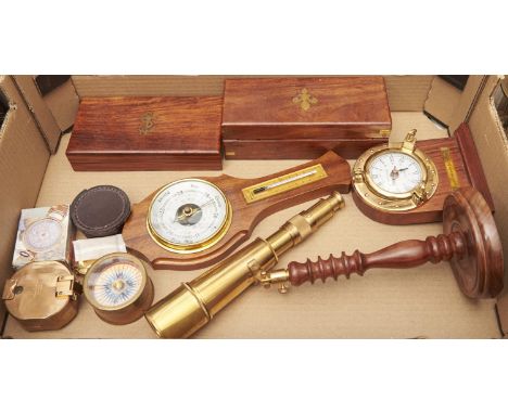 A Stanley &amp; Co reproduction brass compass, reproduction brass telescope on turned wood stand, boxed telescope, magnifying