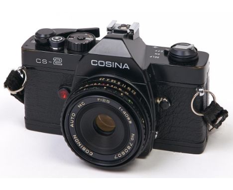 A Cosina CS-2 SLR 35mm camera, with Cosinon Auto MC 40mm F2.5 pancake lens and case  In apparently working order, good condit