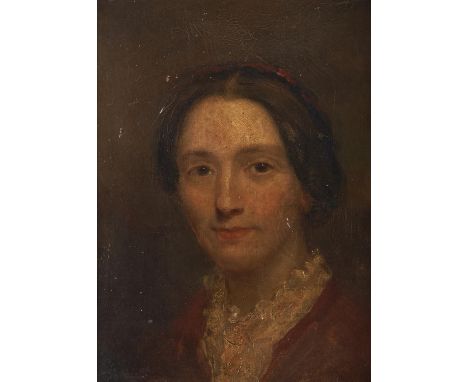 British School, 19th c -&nbsp;Portrait of a lady, head and shoulders in a red dress,&nbsp;oil on canvas, 34 x 24cm  Localised