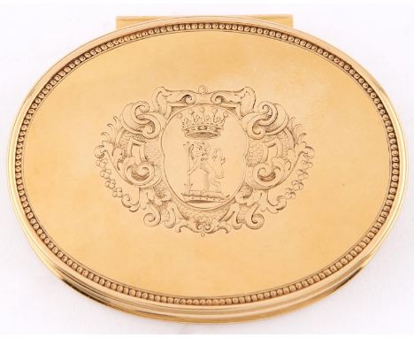 A George II oval gold snuff box, c1720, the lid engraved with crest and coronet of an earl and scaly mantling, in beaded bord