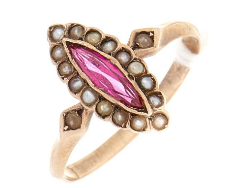 A synthetic ruby and split pearl marquise ring, in gold, 12.7g, size O  