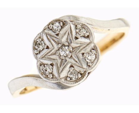 A diamond cluster ring, gold hoop marked Plat 18ct, 2.4g, size G  Light wear scratches only