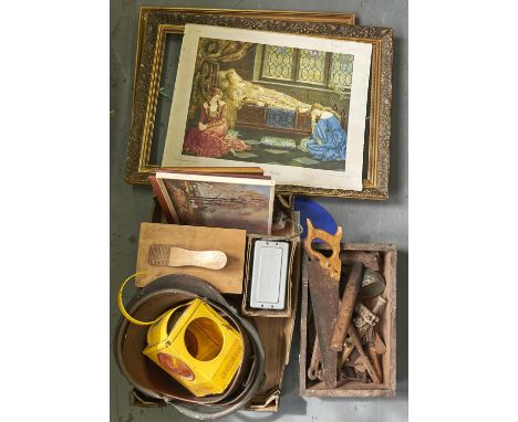 A Victorian brass copper coal scuttle, 26cm h, another smaller, various brass oil lamps and shades, woodworking tools and mis