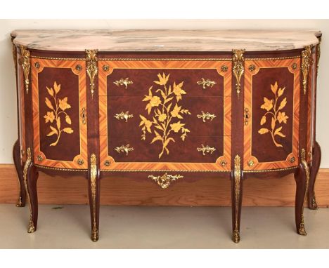 A marquetry commode, 20th c, in Louis XVI style, with marble slab and giltmetal mounts, 84cm h; 42 x 139cm  Good condition