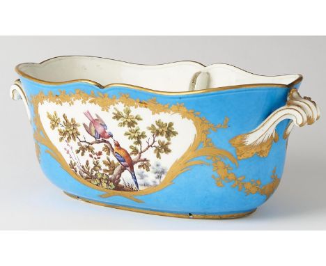 A Sevres seau a liqueur ovale, 1773, painted by F-J Aloncle to both sides with birds in cisele frames reserved on a bleu cele