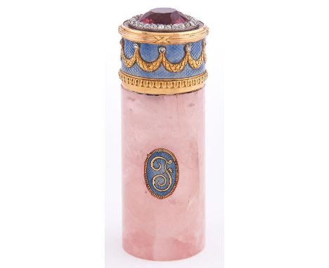 A jewelled gold mounted, guilloche and rose quartz set scent bottle, c1900, probably French or Russian, the chased cap with b