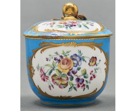 A Sevres sugar bowl and cover, pot a sucre 'Bouret', c1770, painted by François-Michele Dusolle with two bouquets in cisele f