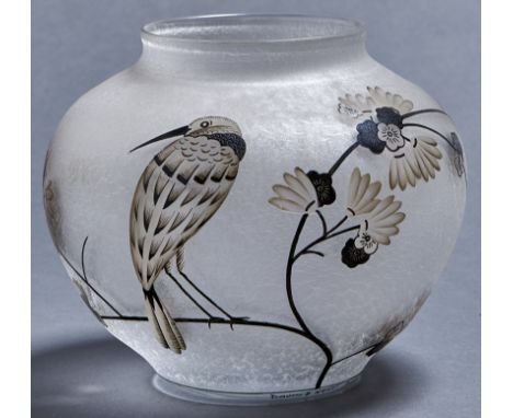 A Daum enamelled glass vase, c1925, etched and painted in pale pink and black enamel with a bird and flowers, 16.5cm h, signe