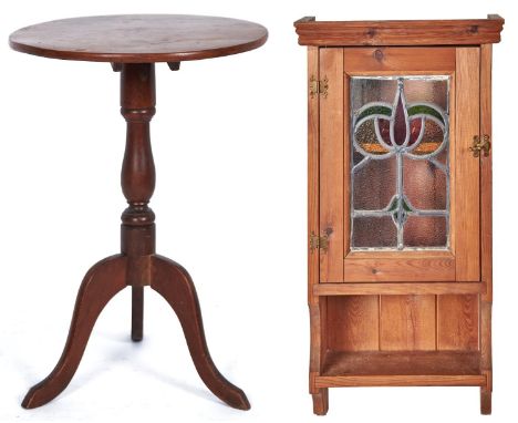 A light wood round topped tripod table, late 19th / early 20th c, baluster column and three out swept legs, top 50cm diam, 71